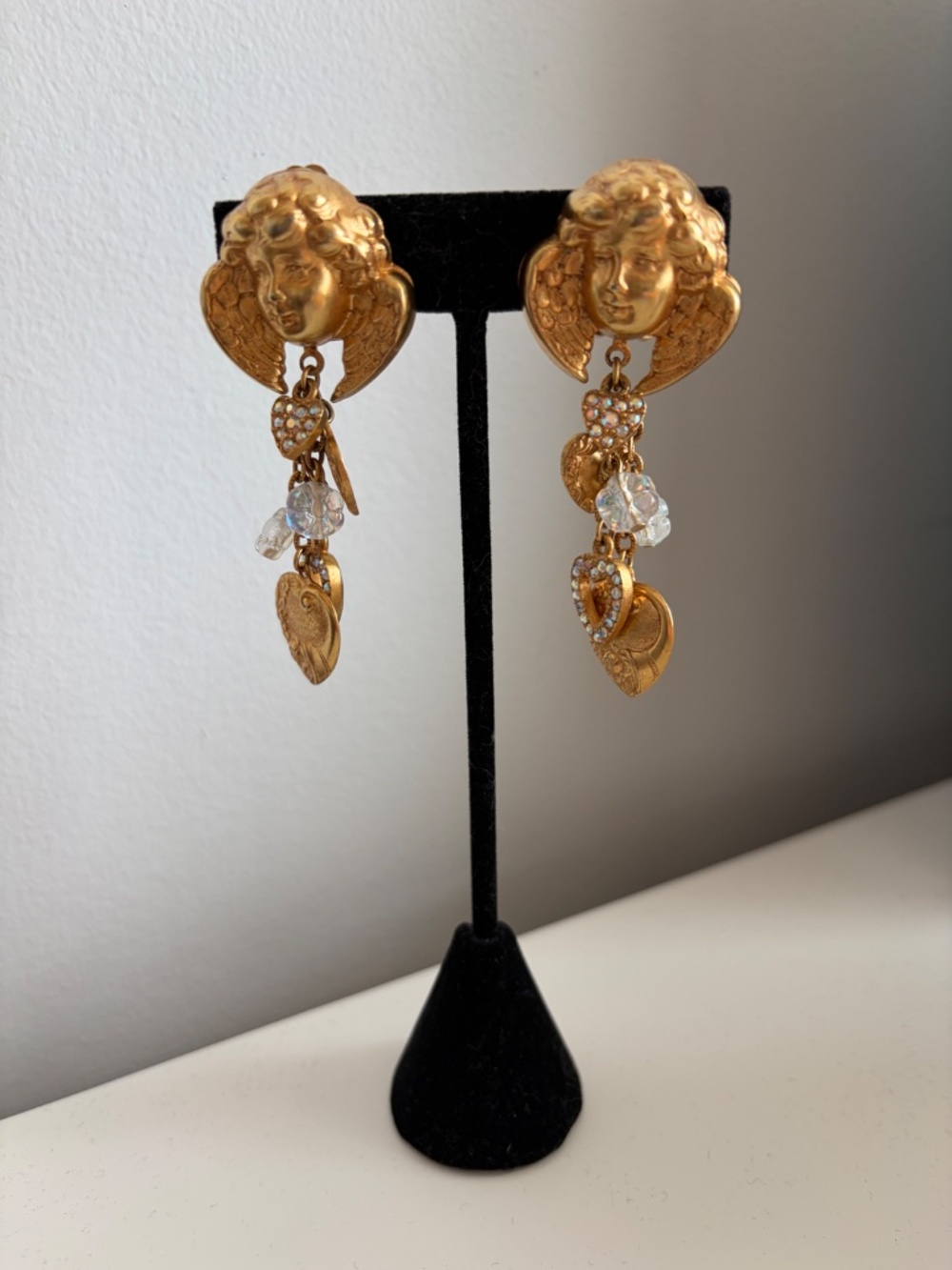 Vintage Signed Kirks Folly Cherub & Hearts Clip Earrings